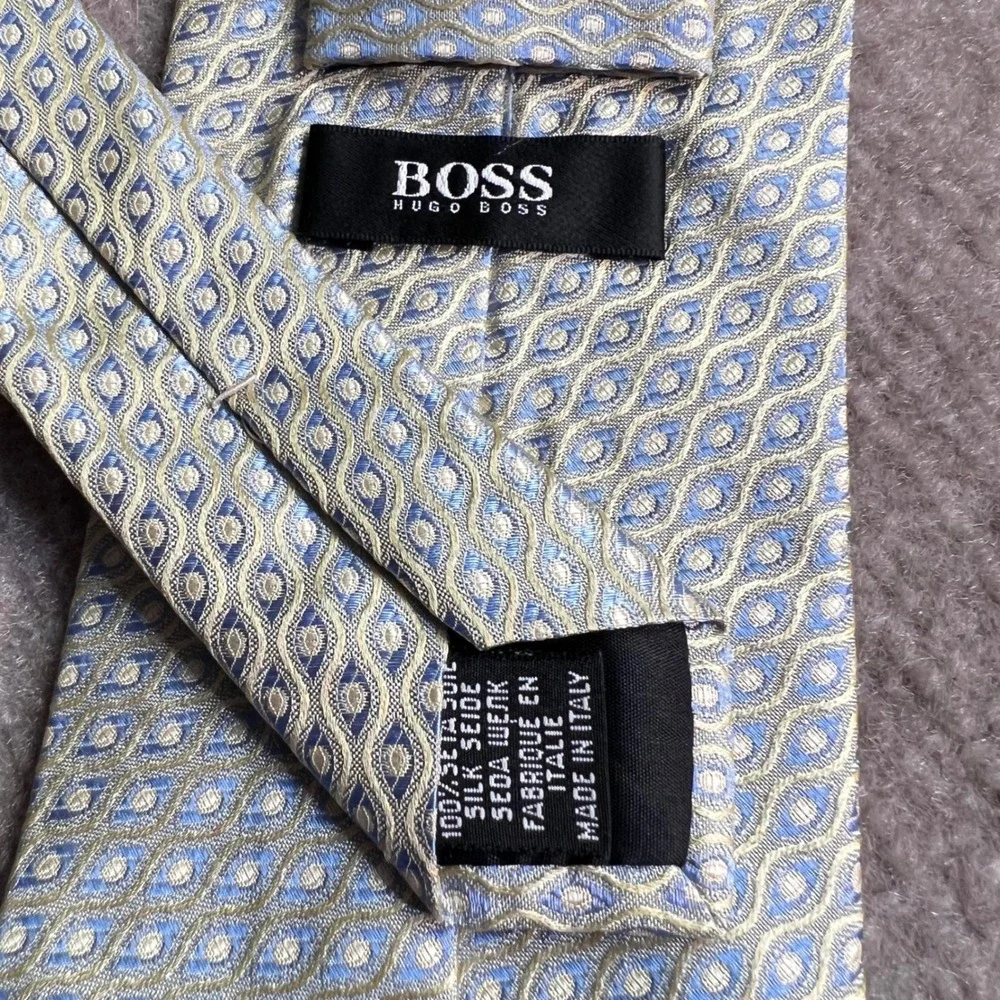 Hugo Boss Tie Mens Blue Yellow Geometric Silk Necktie Italy Designer